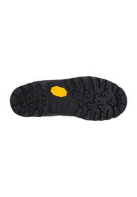 Svart gummisula med ett slitstarkt mönster för grepp, med en distinkt gul Vibram-logotyp på sidan.