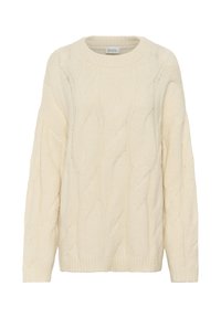 Pull crème en maille torsadée avec un col rond, des manches longues et des motifs texturés, fabriqué à partir d'un tissu en tricot doux et épais.