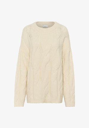 Cream cable-knit sweater with a round neckline, long sleeves, and textured patterns, made from a soft, chunky knit fabric.