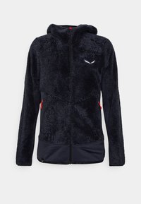 Black fleece hoodie with textured surface, full zipper front, two side pockets with red accents, and a hood. Features a logo on the chest.