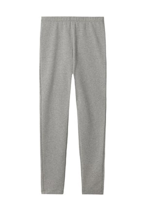 Leggings grises y elásticos hechos de una mezcla de algodón, con una textura suave y una cintura elástica para mayor comodidad. Ajuste entallado con perneras rectas.
