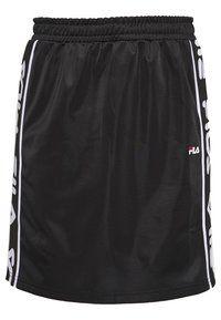 Jupe de sport noire avec taille élastique, rayures blanches sur les côtés et logo FILA brodé sur le côté droit à l'avant.