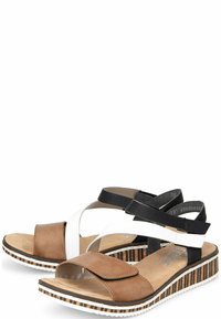 Sandali in pelle marrone e nera con dettagli bianchi, dotati di una soletta testurizzata e di una zeppa a righe. Design casual adatto per il clima caldo.