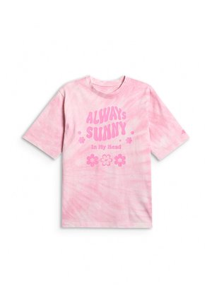 Różowy t-shirt tie-dye z krótkimi rękawami, z napisem "ALWAYS SUNNY in My Head" i różowymi kwiatowymi grafikami z przodu.