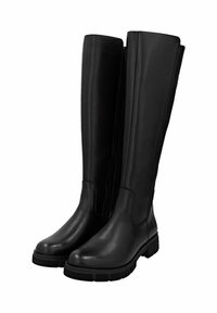 Botas negras hasta la rodilla en piel suave con puntera redonda, cremallera lateral y suela texturizada para mayor agarre. Presentan detalles de costura a lo largo de las costuras.