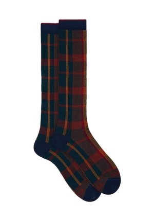 Calze fino al ginocchio con un motivo a quadri multicolore nei colori verde scuro, rosso e giallo. Finitura con un bordo e una punta in navy.