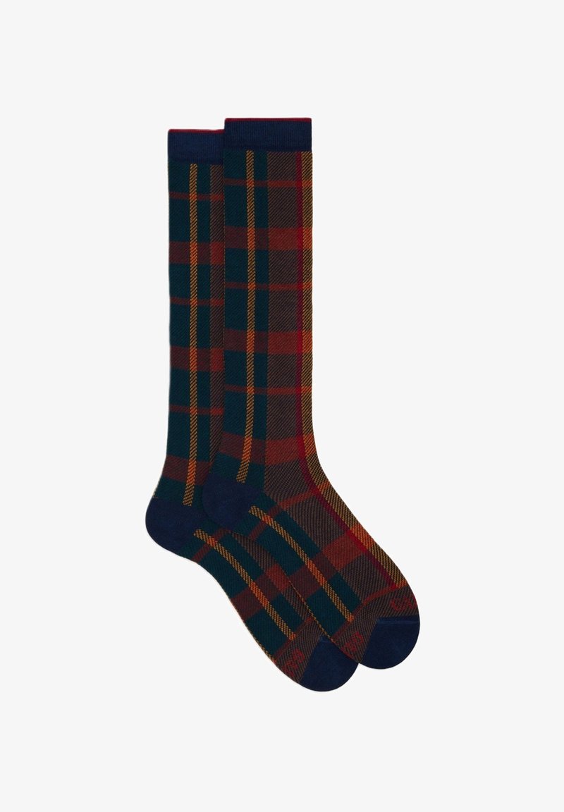Calze fino al ginocchio con un motivo a quadri multicolore nei colori verde scuro, rosso e giallo. Finitura con un bordo e una punta in navy.
