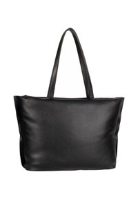 Sac fourre-tout en cuir noir à texture lisse, avec deux longues anses et un design minimaliste. Pas de quincaillerie visible ni de détails supplémentaires.