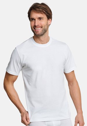 White cotton t-shirt with a crew neckline, short sleeves, and a regular fit. Fabric appears smooth and slightly stretchy.