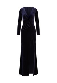 Satinierter Samtkleid in tiefem Marineblau mit langen Ärmeln, einem V-Ausschnitt, gedrehten Vorderdetails und einem hohen Schlitz auf der linken Seite.