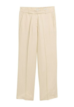 Pantalons larges beige en tissu léger. Dotés d'une taille élastique et de poches latérales. Texture lisse avec de légères lignes verticales.