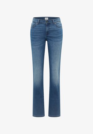 Kék farmernadrág egyenes szabással, világos kopással az elején, öt zsebbel és klasszikus derékpánttal, gombos záródással.