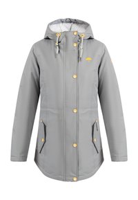 Ljusgrå regnjacka med huva, guldfärgade tryckknappar och en gul paraplylogotyp. Har framfickor med dragkedjor och snöre.