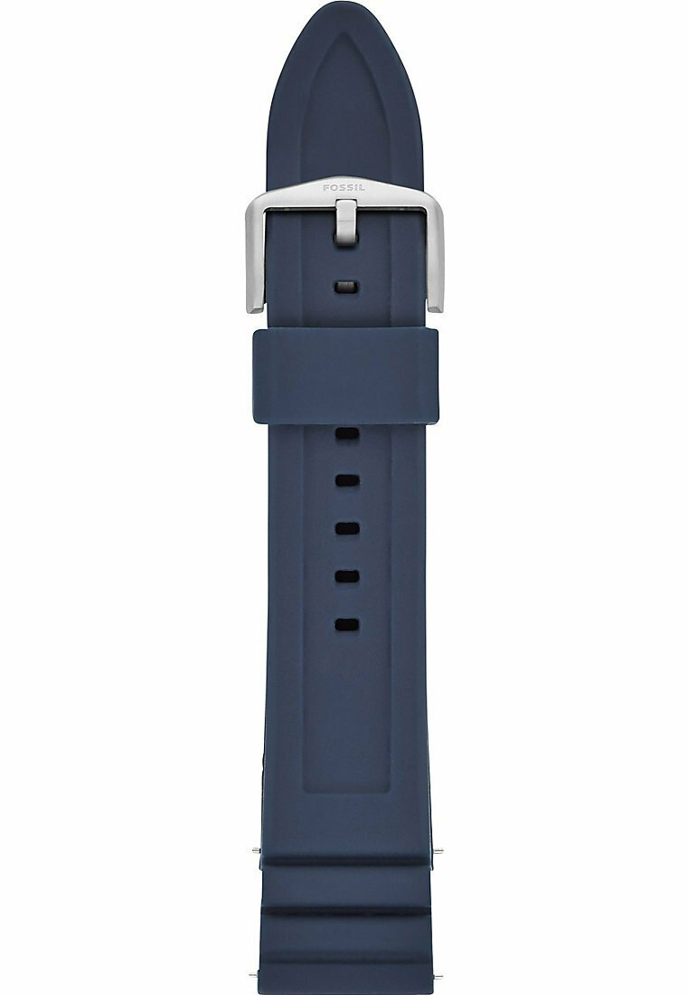 Granatowy silikonowy pasek do zegarka z metalową klamrą w kolorze srebrnym, posiada wiele otworów do regulacji, gładką fakturę oraz zwężający się koniec.