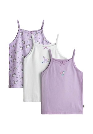 Trois hauts sans manches pour filles avec des bretelles étroites : un violet avec une fleur, un blanc avec une licorne, un violet avec un motif licorne.