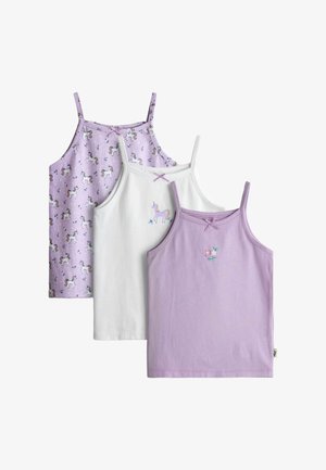 Drie mouwloze topjes voor meisjes met smalle bandjes: één paarse met bloem, één witte met eenhoorn, één paarse met eenhoornpatroon.