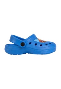 Blue plastic clogs with a back strap, ventilation holes, and a character design on the upper. Features a chunky, textured sole.