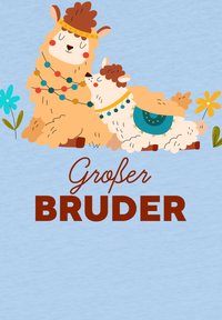 Cartoon illustration of two llamas on light blue background. One is decorated with beads, the other wears a turquoise accent. Text reads "Großer Bruder."