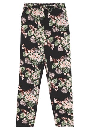 Pantalon noir avec un motif floral tropical en blanc, rose et vert, avec une taille élastique munie d'un cordon de serrage et une petite poche avant.