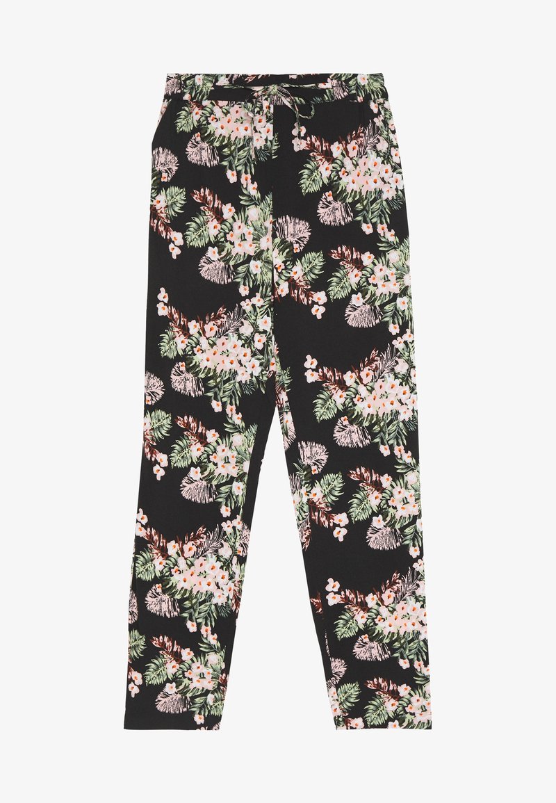 Pantalon noir avec un motif floral tropical en blanc, rose et vert, avec une taille élastique munie d'un cordon de serrage et une petite poche avant.