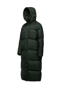 Cappotto lungo imbottito verde scuro con cappuccio, caratterizzato da una chiusura frontale con zip verticale, maniche ampie e una texture liscia e lucida.