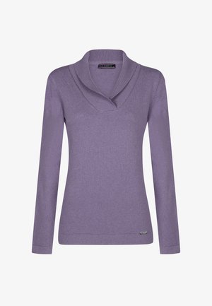 Lilla langærmet sweater med sjalskrave, ribbet halsudskæring og en glat tekstur. Har en lille etiket på venstre kant.