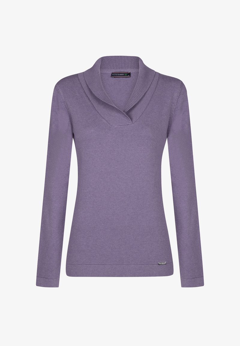 Lila Langarmpullover mit Schalkragen, geripptem Ausschnitt und einer glatten Textur. Verfügt über ein kleines Etikett am linken Saum.