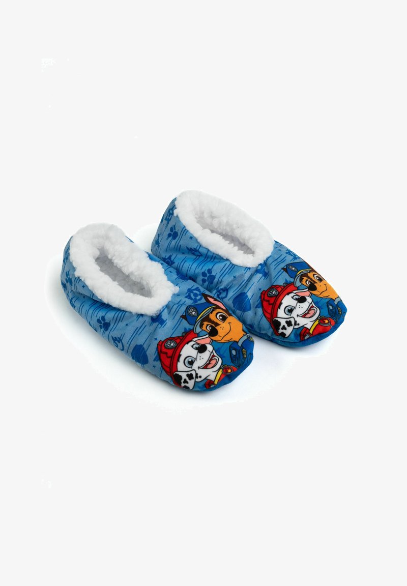 Pantofole in tessuto blu con foderatura bianca morbida, caratterizzate da personaggi di cartoni animati a forma di cane. Il design include motivi azzurri e accenti colorati.