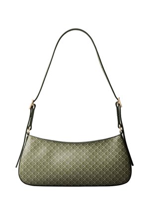 Ελιά πράσινη τσάντα ώμου με λεπτή λουρίδα και φωτεινό γεωμετρικό μοτίβο, με λεπτομέρειες από αγκράφα σε χρυσό τόνο σε κάθε πλευρά.
