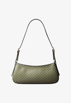 Ελιά πράσινη τσάντα ώμου με λεπτή λουρίδα και φωτεινό γεωμετρικό μοτίβο, με λεπτομέρειες από αγκράφα σε χρυσό τόνο σε κάθε πλευρά.