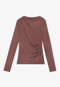 Ilgsleeve tops klusā mauve krāsā, ar drapējumu aizmugurē un viegli savāktām malām. Izgatavots no mīksta, viegla auduma.