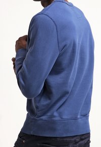 Sudadera de algodón azul con mangas largas, puños y dobladillo de canalé. Textura suave, diseño sencillo con detalles en el escote y costuras mínimas.