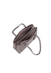 Borsa in pelle grigia con due scomparti, chiusura superiore con zip, doppio manico e superficie liscia. Tasche interne per un'organizzazione ottimale.