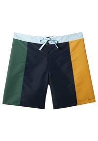 Herren-Badehosen mit einem mehrfarbigen Design in Grün, Marineblau und Senfgelb. Hergestellt aus glattem Stoff mit einem hellblauen Kordelzug.