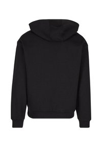 Schwarzer Kapuzenpullover mit lockerer Passform, gerippten Bündchen und Saum. Die Rückansicht zeigt glattes Material ohne zusätzliche Muster oder Details.