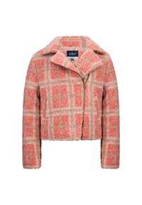 Fluffy, kort jasje met een roze en beige ruitpatroon, voorzien van een brede kraag en een rits aan de voorkant. Zachte textuur en een warm ontwerp.