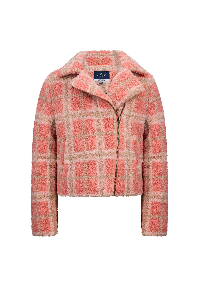 Fluffy, kort jasje met een roze en beige ruitpatroon, voorzien van een brede kraag en een rits aan de voorkant. Zachte textuur en een warm ontwerp.