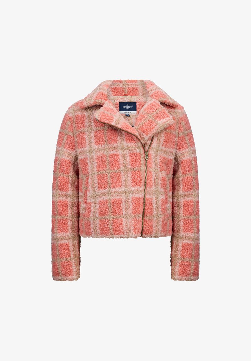 Fluffy, kort jasje met een roze en beige ruitpatroon, voorzien van een brede kraag en een rits aan de voorkant. Zachte textuur en een warm ontwerp.