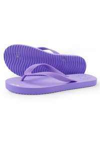 Purple flip-flops made of rubber, featuring textured soles, thin straps, and a floral design on the footbed.