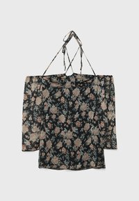 Schwarze Bluse mit blumigem Muster, schulterfreiem Design, langen Ärmeln und Bindebändern. Aus transparentem Stoff mit rosa und blauen Blumenmustern.