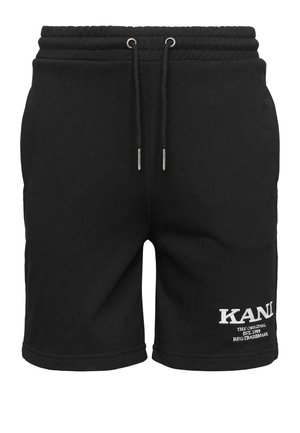 Shorts en coton noir avec une taille élastique, cordon de serrage et finitions en argent. Présente un logo brodé blanc sur le côté gauche.