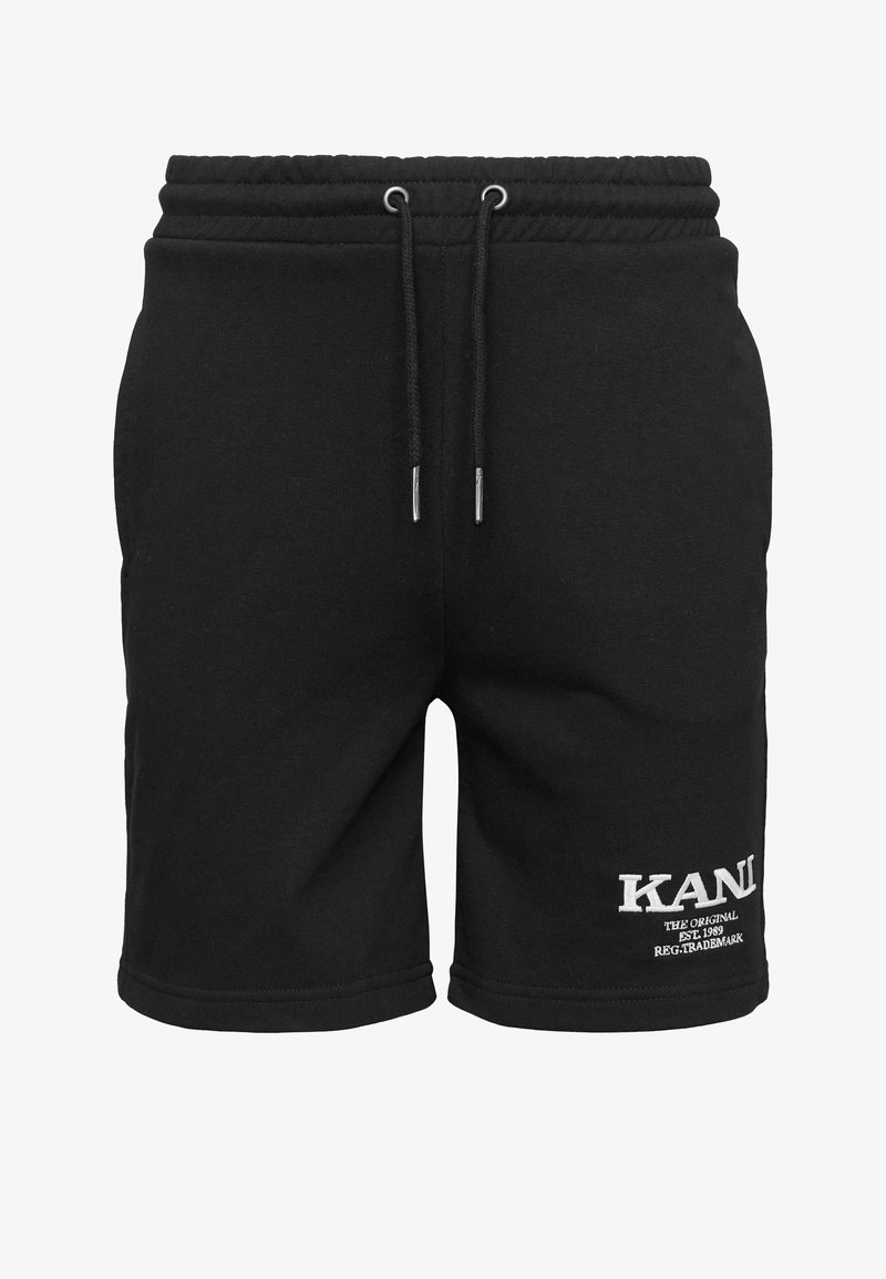 Shorts en coton noir avec une taille élastique, cordon de serrage et finitions en argent. Présente un logo brodé blanc sur le côté gauche.