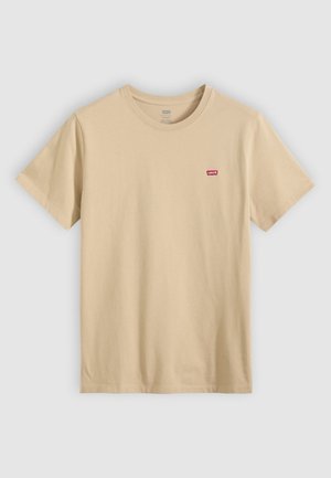 Beige bomulls-T-skjorte med korte ermer, rund hals og en liten rød Levi's-logo på brystet. Glatt, lett stoff.