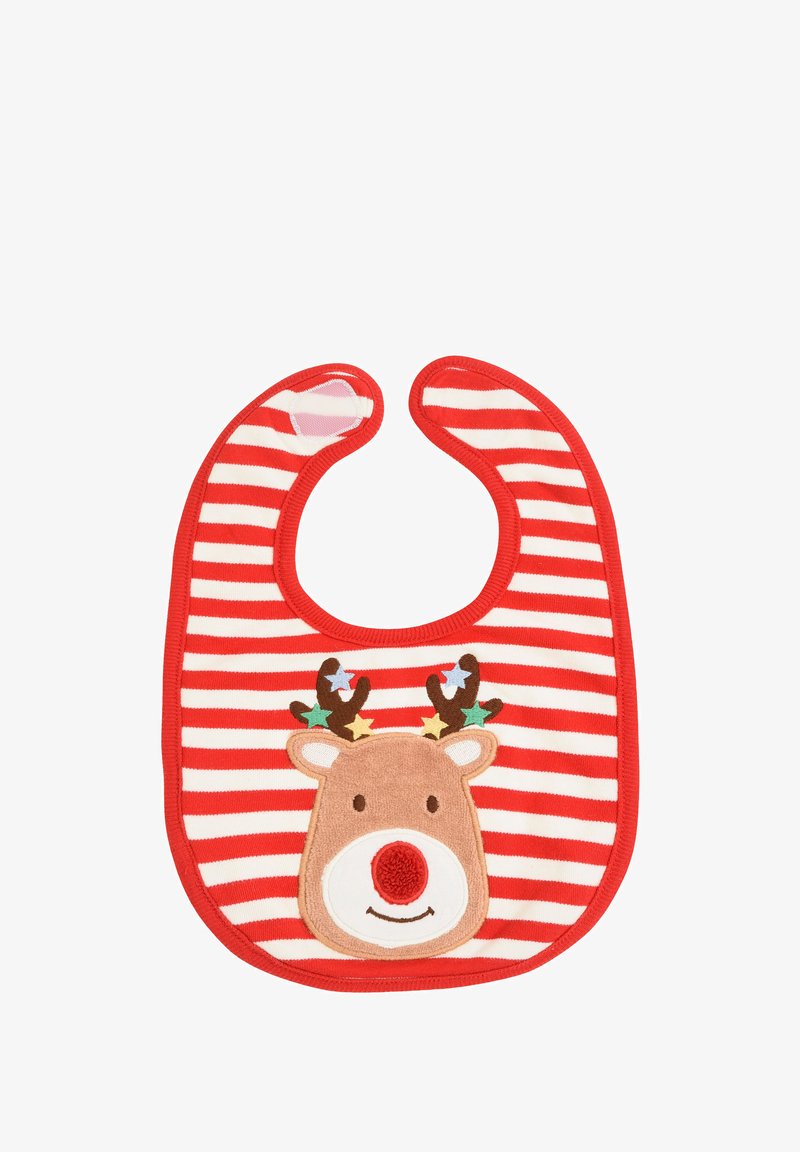 Bavoir rayé rouge et blanc avec un design de tête de renne présentant un nez rouge, des bois marron et des accents d'étoiles colorées. Tissu doux avec des bords arrondis.