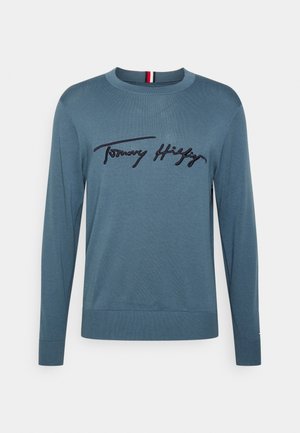 Modrý svetr vyrobený z měkké látky, s kulatým výstřihem, dlouhými rukávy a vyšívaným logem "Tommy Hilfiger" přes hruď.