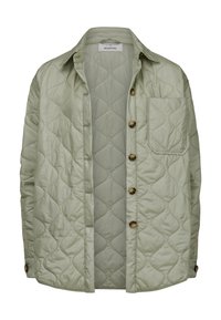 Helles grünes gesteppte Hemdjacke mit Knopfverschluss, einer einzelnen Brusttasche und einer glatten Textur. Verfügt über abgerundete Kanten und eine lockere Passform.