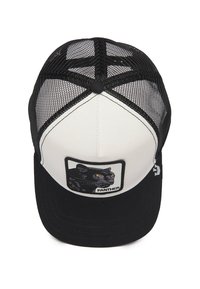 Cappellino da baseball bicolore bianco e nero con retro in rete. Presenta una visiera arrotondata e un patch raffigurante un pantera. Cinturino regolabile sul retro.
