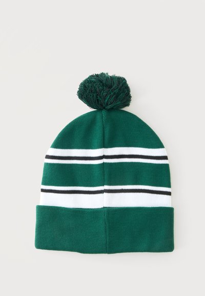 Bonnet vert en maille avec un pompon sur le dessus, présentant des rayures horizontales blanches et noires et un revers plié.