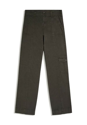 Pantalon cargo vert foncé droit avec poches à rabat à l'avant et sur les côtés, passants pour ceinture et fermeture par bouton à la taille.