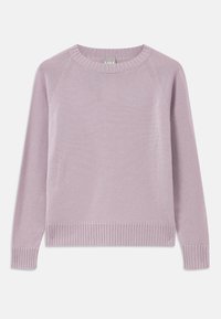 Light purple knit sweater with a ribbed hem and cuffs, raglan sleeves, and a round neckline. Soft texture and seamless design.